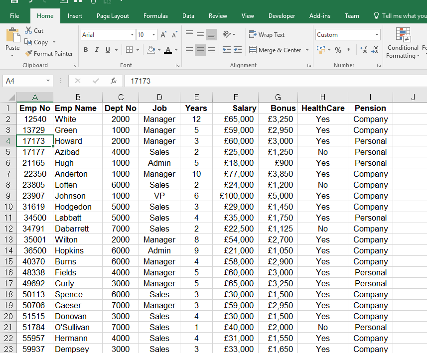 sample excel query table